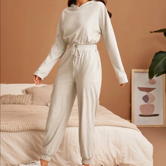 Cropped Drawstring Hem Hoodie & Joggers Lounge Set